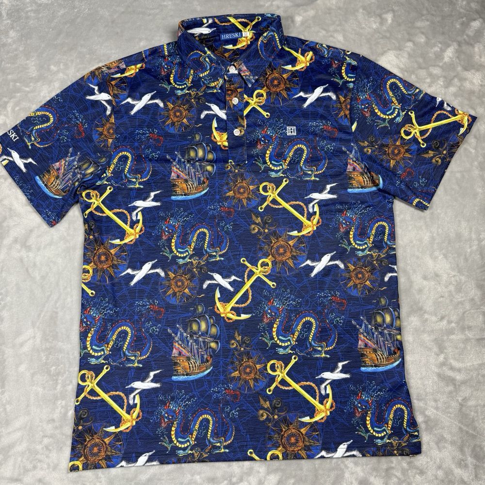 Hreski Polo Shirt Mens Medium Blue Nautical Dragon Anchor Ship Short Sleeve Golf